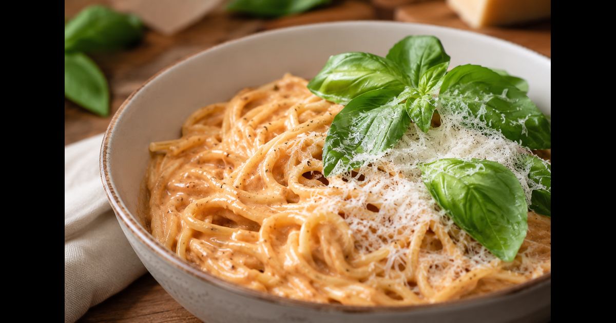 Pates avec sauce rosee proteinee cremeuse, basilic frais et parmesan