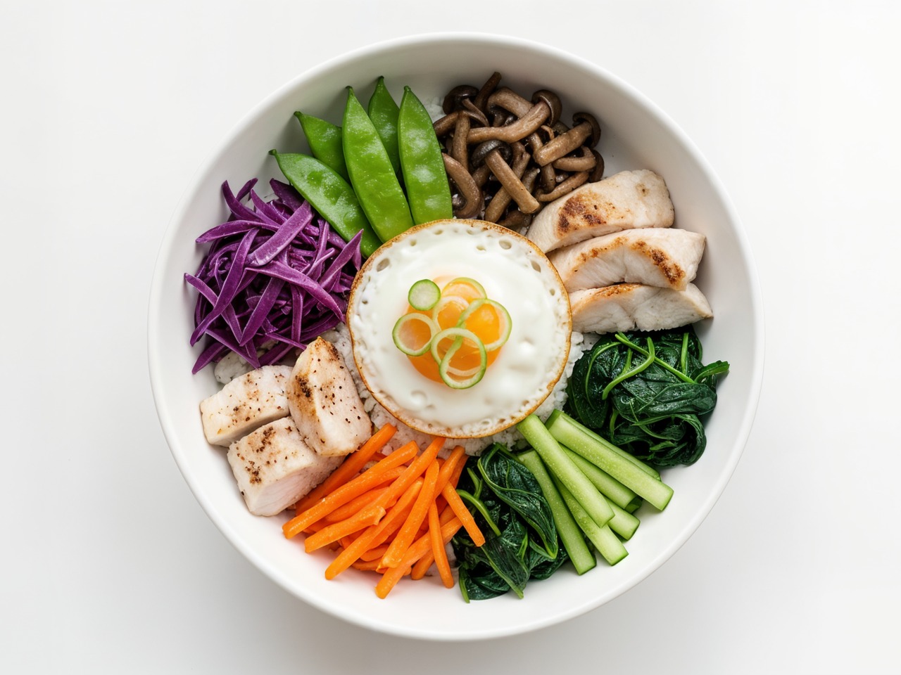 Bibimbap à la morue avec riz, légumes colorés et œuf au plat