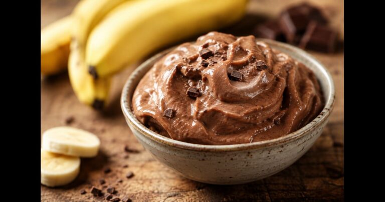 Creme glacee maison a la banane et au chocolat dans un bol, entouree de bananes et de chocolat