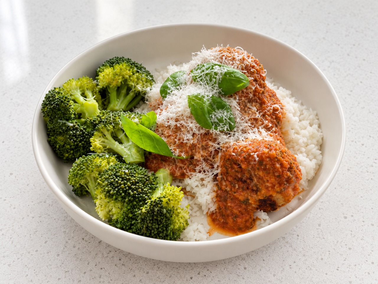 Trois boulettes de dinde à la sauce marinara servies avec riz et brocoli