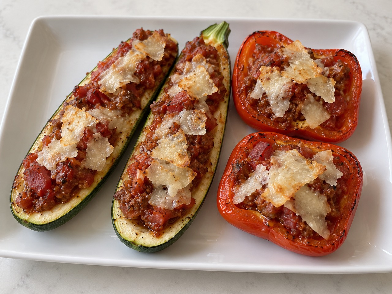 Deux demi-courgettes et deux demi-poivrons rouges farcis de sauce à la viande et de parmesan gratiné