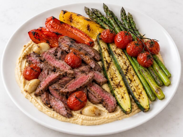 Steak rosé tranché sur houmous maison avec asperges, courgette, poivrons et tomates cerises grillés