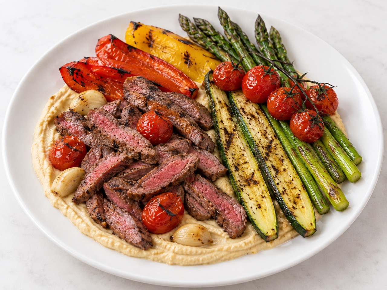Steak rosé tranché sur houmous maison avec asperges, courgette, poivrons et tomates cerises grillés